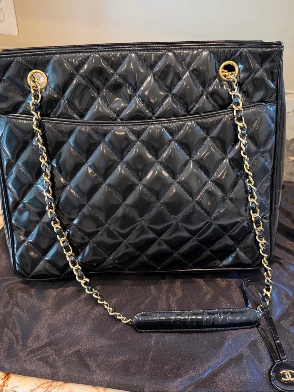 CHANEL Black Quilted Patent Leather Chain-Handle Hobo